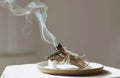 Incense burning on a white plate with smoke rising against a neutral background Toronto energy healing